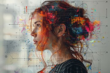 Digitally rendered abstract portrait of a woman with colorful splashes and geometric shapes overlay