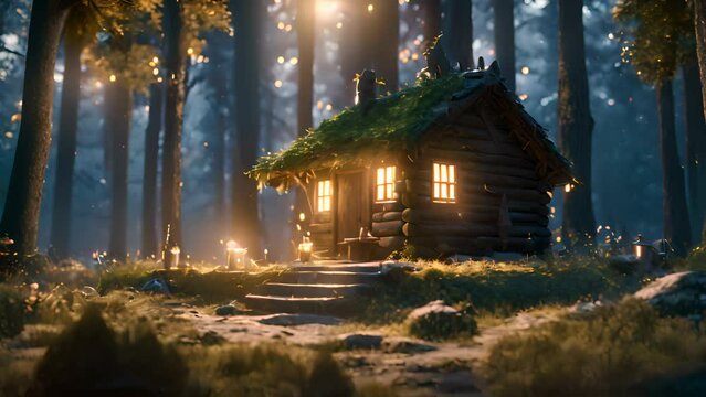 animation a small house in the middle of a fantasy forest