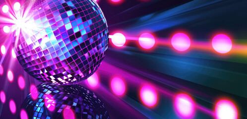 Shining disco ball with vibrant neon lights, dance party atmosphere background - 756566982