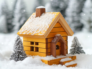 Naklejka premium Cute little wooden house in the snow on a white background in style of children illustration. 