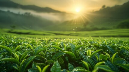 Sunrise over verdant tea plantation hills