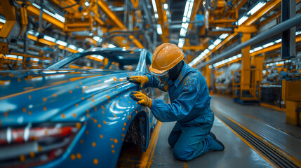 Auto body repair series : Worker fixing car body in the automotive industry - obrazy, fototapety, plakaty