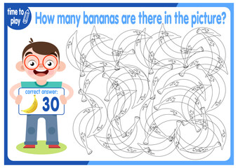 Count how many bananas are hidden in the picture. How many objects are there in the picture? Educational game for children. Colorful cartoon characters. Funny vector illustration.