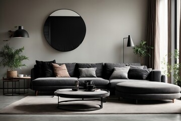 dull black interior of modern living room with empty grey walls, off white sofa and round coffee table with black cushions