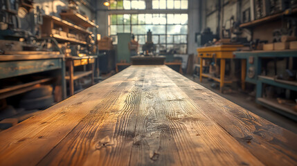 Empty wooden table in a carpentry workshop. Selective focus. - obrazy, fototapety, plakaty