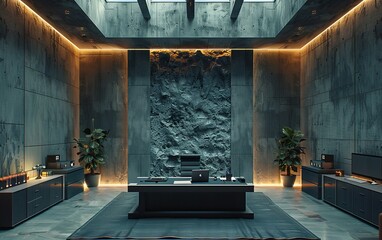A modern office with a large stone wall and a desk with a laptop. The room is dimly lit and has a minimalist design