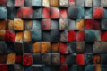 A textured wall made of cubic elements in various rusted colors depicting urban decay and artistic style
