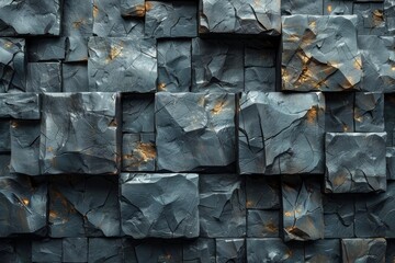 A close-up of a textured dark stone wall with golden seams, reflecting the interplay between...