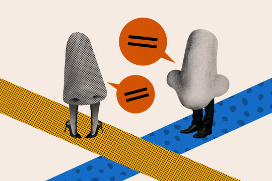 3D photo collage composite trend sketch image of caricature bodyless persons huge nose instead body meet each other share news gossips.