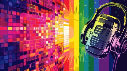 an image of a Pride radio station promotion graphic with a pride flag in background - obrazy, fototapety, plakaty