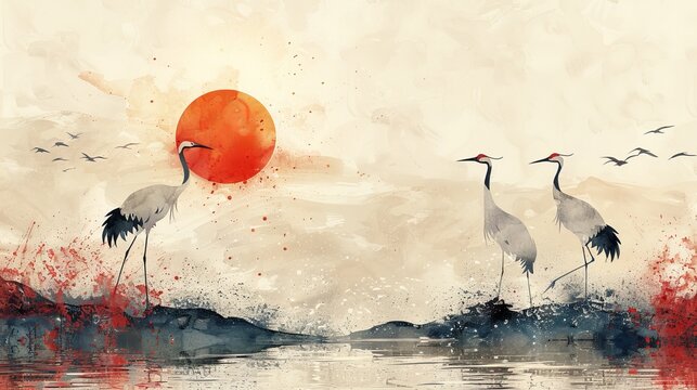 Watercolor painting with abstract banner design with crane birds and herons elements. Vintage style hand-drawn wave and red sun decorations.