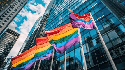 an image of LGBTQ Flags waving in line in city Infront of building  - obrazy, fototapety, plakaty