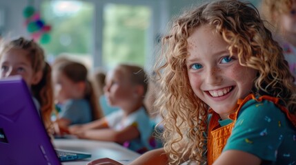 Obraz premium portraying a ten-year-old cheerful smiling european girl with curly blonde hair .