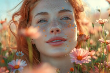 Ethereal portrait of a red-haired woman amidst flowers with golden glitter on her face, exuding whimsy