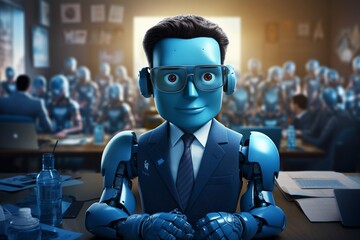 In a modern office an android bot in a blue suit blends seamlessly among human colleagues