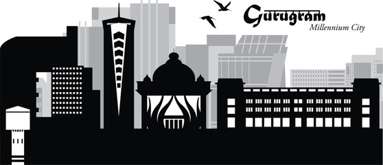 Vector illustration of the skyline cityscape of the city of Gurgaon, India, officially known as Gurugram, with landmarks and buildings