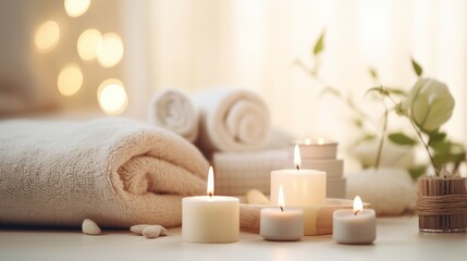 Beautiful spa treatment composition such as Towels, candles, essential oils, Massage Stones on light wooden background. blur living room, natural creams and moisturizing Healthy lifestyle, body care - Powered by Adobe