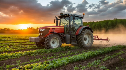 Fototapeta premium Tractor spraying pesticides on soybean field with sprayer at sunset