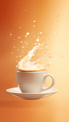 Dynamic Coffee Splash in Cappuccino Cup. Hot drink warm glow background