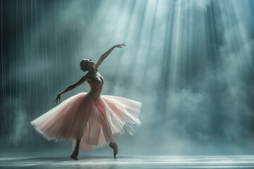 Balley danser in tutu on the stage in the limelight - obrazy, fototapety, plakaty