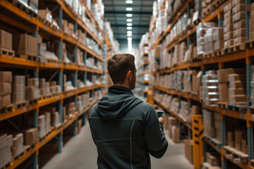 Man standing in the middle of a warehouse aisle surrounded by boxes and shelves in the background
