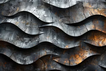 Tuinposter This image artfully portrays a wavy, burnt wooden surface with touches of rustic orange, evoking warmth and nostalgia © Larisa AI