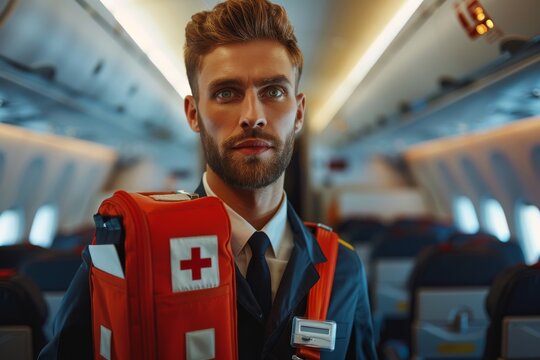 Professional male flight attendant holding first aid kit inside airplane cabin