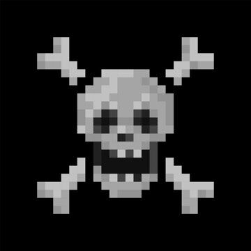 Skull Crossbones Pixel Art Icon, Vector Illustration. Design For Stickers Or Prints, Logo, Web And Mobile App.