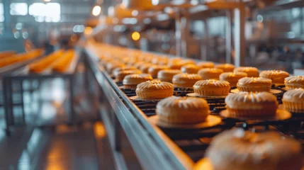 Poster Baking equipment an oven a conveyor a production, Dessert bread baking in oven. Production oven at the bakery. Baking bread. Manufacture of bread, Production line of baking cookies. Generative Ai © xpert