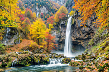 Autumn Journey: Waterfall Amid Fall Foliage, Stream, and Path to the Summit