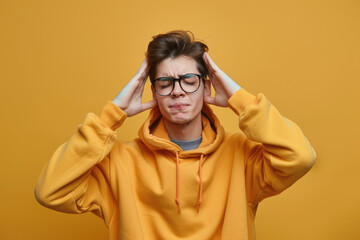 university student in glasses closing eyes and plugging ears with fingers to ignore noise, dumb stupid comments - obrazy, fototapety, plakaty