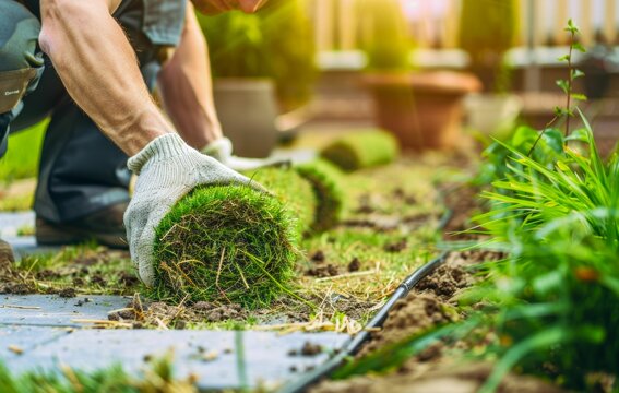 Gardener Laying Sod for New Lawn. Generative ai