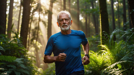 Naklejka na ściany i meble Motivierter Senior genießt das Laufen im lichtdurchfluteten Wald