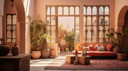 Sunlight in traditional Moroccan interior, ornate archways, peach color