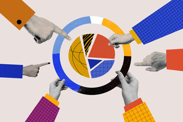 Collage picture of black white colors people arms point fingers hold pieces diagram stats isolated on creative background