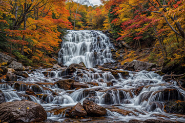 Autumn Cascades: Waterfall Embraced by Trees with Fall Foliage