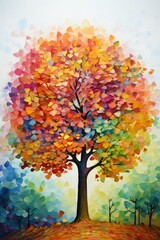 Obraz na płótnie Canvas Autumn Tree with Colorful Leaves. Oil Painting Brush Stock Illustration Art, Abstract Watercolor Landscape background.