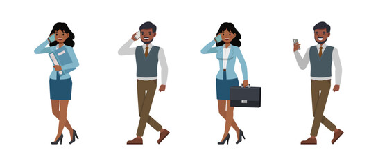 Set of Businessman and businesswoman character vector design. Indian people talk on phone holding folder and briefcase illustration. Presentation in various action.