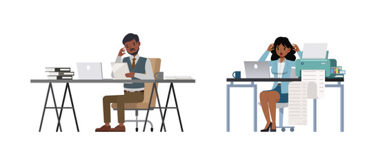 Set of Businessman and businesswoman character vector design. Indian people thinking and working in office illustration. Presentation in various action.