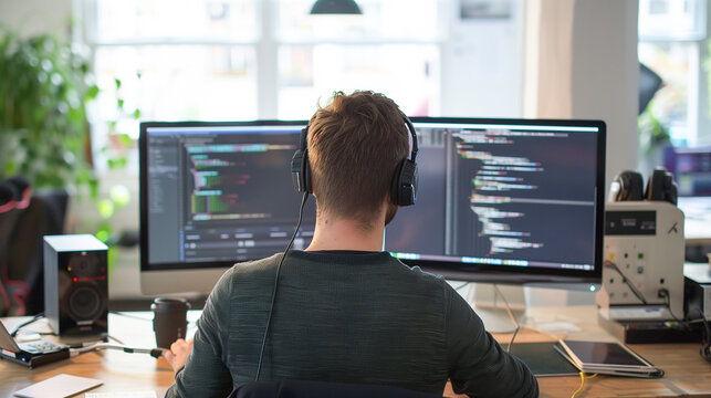 Computer programmer male writing program code on computer online, work from home.