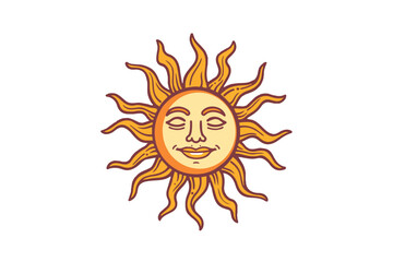 Smiling Sun Icon Illustration:  A cheerful illustration of a smiling sun with radiant flames, designed in a warm color palette, symbolizing positivity and summer vibes in a vector format