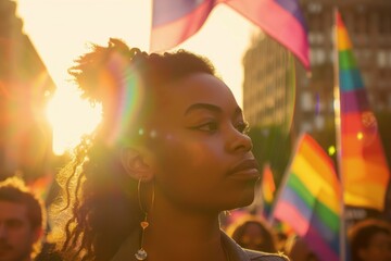 editorial photo, a 20 year old black lesbian, looking into the distance at pride festival.