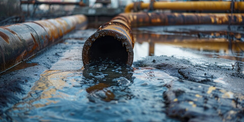 Slick of oil or toxic chemical in water from big factory rusty pipe. Tube transporting polluted water from washing into nature. ecology problems water pollution environmental catastrophe concept