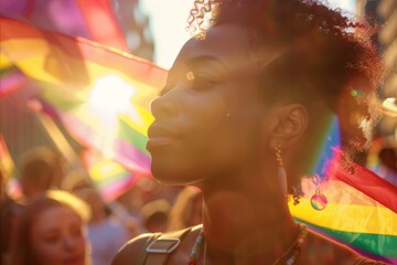 editorial photo, a 20 year old black lesbian, looking into the distance at pride festival.  - obrazy, fototapety, plakaty