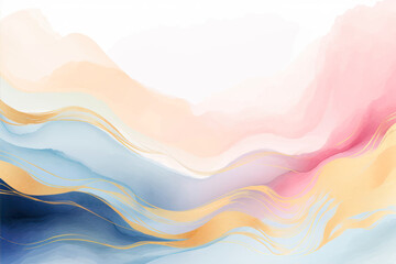 Abstract watercolor background with gold lines. Hand-drawn illustration.