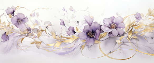 Watercolor hand painted background with purple flowers and golden decor elements.