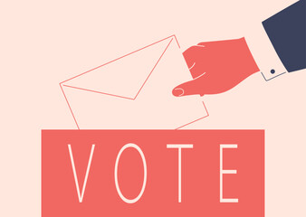 Human hand puts paper envelope into vote box. Male person arm in the suit is voting by paper ballot. Election and Pre-election campaign concept. Vector illustration - 756570993