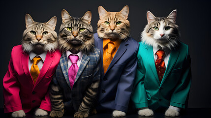 Funny cute business cats in colored jackets stand in a row