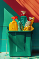 Colorful Cleaning Supplies Bucket on Tiled Floor Next to Vibrant Wall in a Home Setting