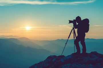 silhouette of a photographer taking a landscape photo from mountaintop at sunset (2)